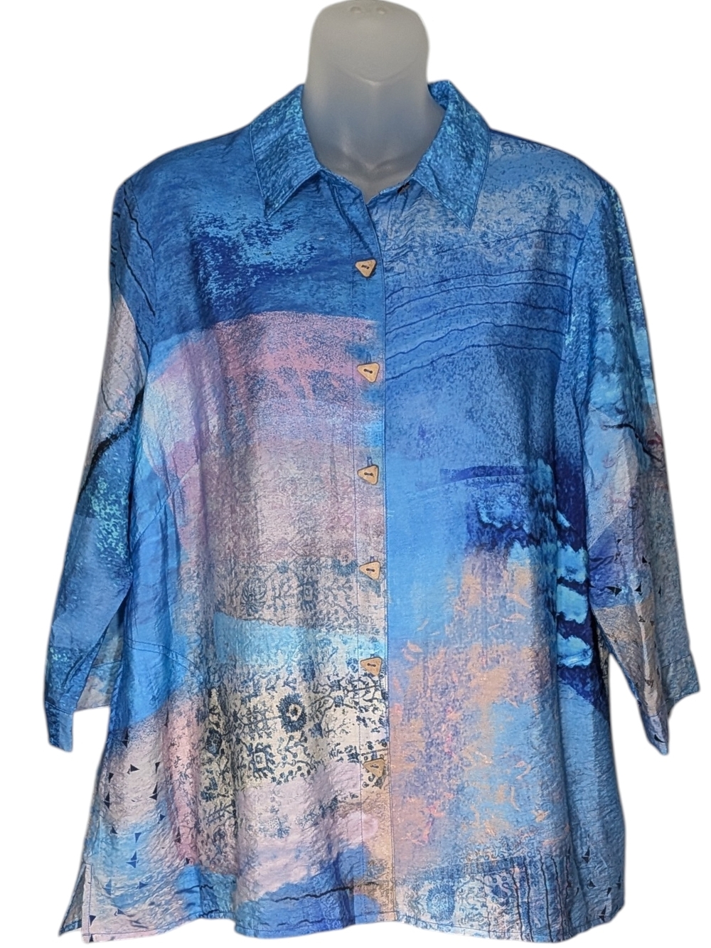 Ali Miles PL Blue and Peach Abstract Button-Up Blouse Lightweight Art To Wear